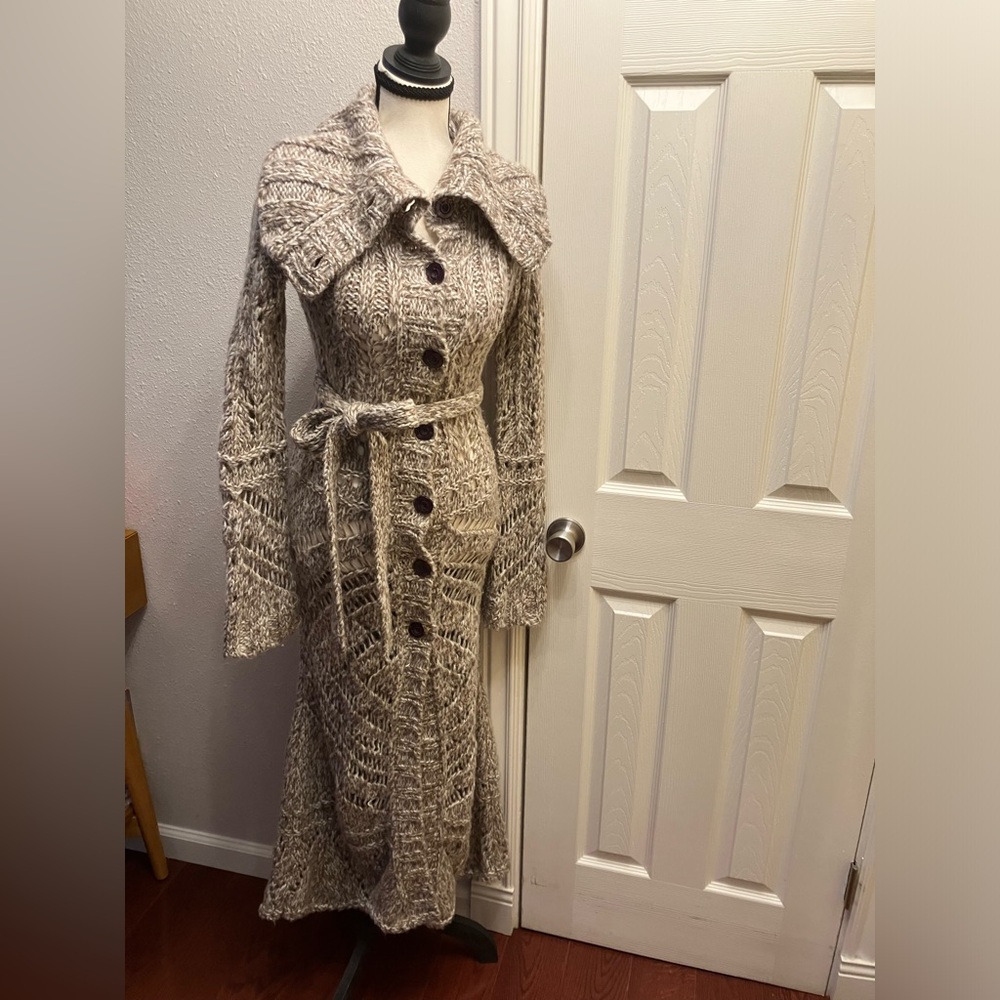 Free People Duster Sweater Brown Cream Buttons